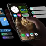 Hand holding a smartphone displaying a cat wallpaper with floating widgets for clock, weather, steps, and messages around it.