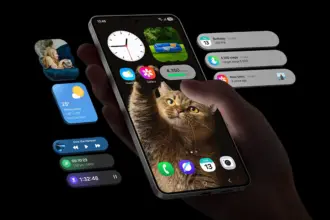 Hand holding a smartphone displaying a cat wallpaper with floating widgets for clock, weather, steps, and messages around it.