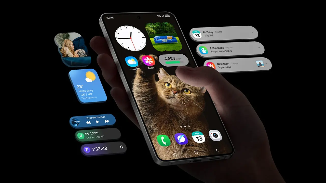 Hand holding a smartphone displaying a cat wallpaper with floating widgets for clock, weather, steps, and messages around it.
