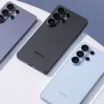 Four Samsung smartphones shown from the back, arranged diagonally on a light surface, highlighting their large multi‑camera rear modules in purple, gray, blue, and white/silver colors.