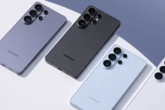 Four Samsung smartphones shown from the back, arranged diagonally on a light surface, highlighting their large multi‑camera rear modules in purple, gray, blue, and white/silver colors.