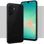 Black Samsung smartphone shown from back and front angles, featuring a triple-camera module and glossy finish, against a light gray backdrop with a 'Black' label in the corner.