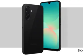 Black Samsung smartphone shown from back and front angles, featuring a triple-camera module and glossy finish, against a light gray backdrop with a 'Black' label in the corner.