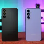 Two Samsung smartphones shown from the back on a red surface, black and lavender finishes with multiple rear cameras and a neon backdrop.