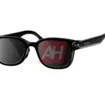 Black Samsung smart glasses with built-in cameras near the lenses and a glossy frame on white background.