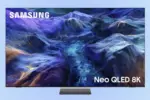 Product image of a Samsung Neo QLED 8K TV displaying a vibrant purple‑blue landscape with a river.