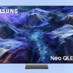 Product image of a Samsung Neo QLED 8K TV displaying a vibrant purple‑blue landscape with a river.