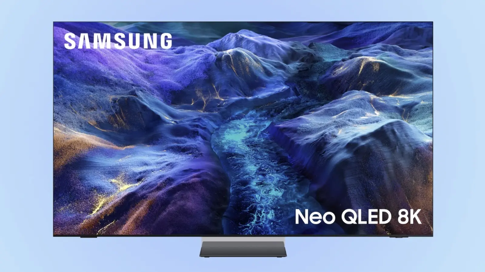 Product image of a Samsung Neo QLED 8K TV displaying a vibrant purple‑blue landscape with a river.