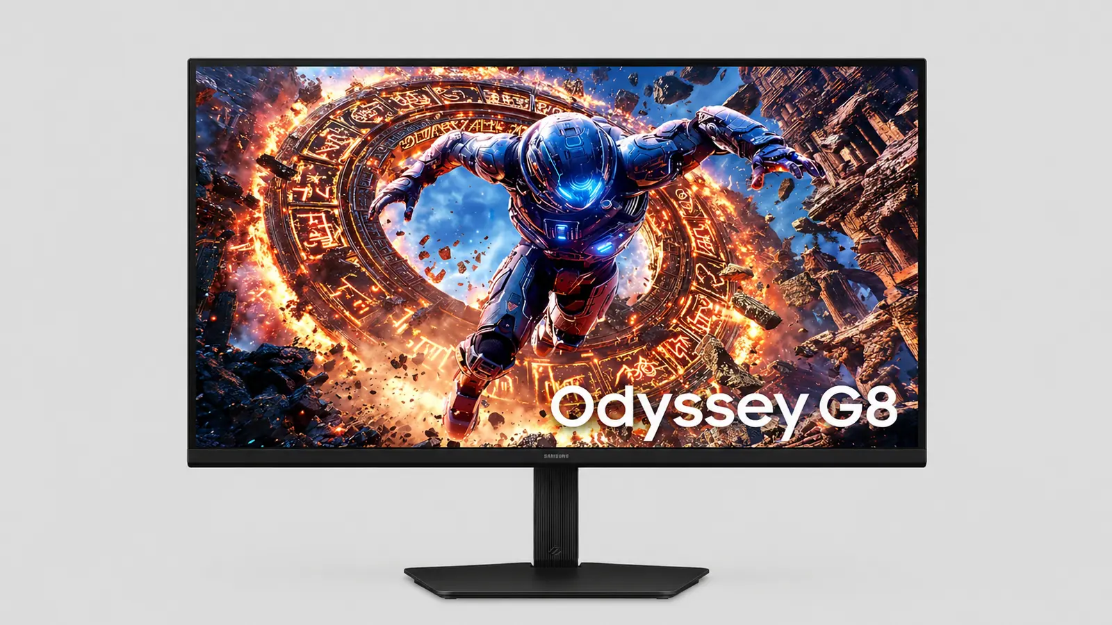 Samsung Odyssey G8 gaming monitor displaying a sci-fi character surrounded by fiery rings; bold, cinematic wallpaper on screen