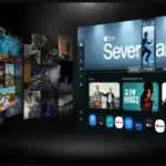 A futuristic streaming home screen with rows of program thumbnails on the left and a large video wall on the right displaying app icons and content tiles.
