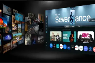 A futuristic streaming home screen with rows of program thumbnails on the left and a large video wall on the right displaying app icons and content tiles.