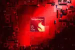 Centered Snapdragon 8 Elite chip on a red circuit-board background.