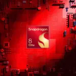 Centered Snapdragon 8 Elite chip on a red circuit-board background.