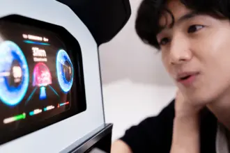 Person closely examining a futuristic touchscreen dashboard with glowing blue circular gauges.