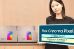 Woman standing behind a counter, holding a large sign that reads 'Flex Chroma Pixel' while two boxed devices sit on the counter beside her.