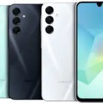 Samsung Galaxy smartphones in mint, black, and white show a triple-camera rear setup with one phone’s wide front display visible on the right.