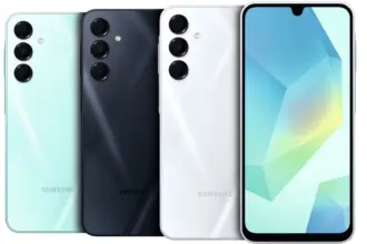 Samsung Galaxy smartphones in mint, black, and white show a triple-camera rear setup with one phone’s wide front display visible on the right.