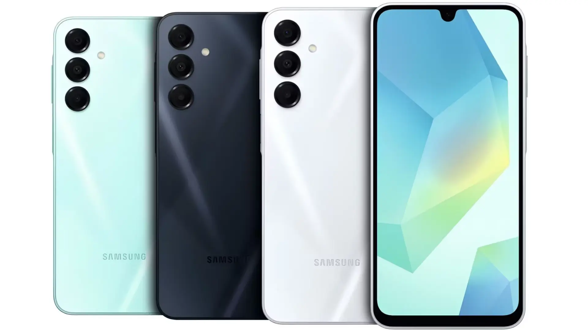 Samsung Galaxy smartphones in mint, black, and white show a triple-camera rear setup with one phoneโs wide front display visible on the right.