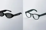 Two eyewear styles side by side: black sunglasses on the left and dark green frame glasses on the right on a split gray background.
