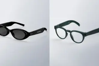 Two eyewear styles side by side: black sunglasses on the left and dark green frame glasses on the right on a split gray background.