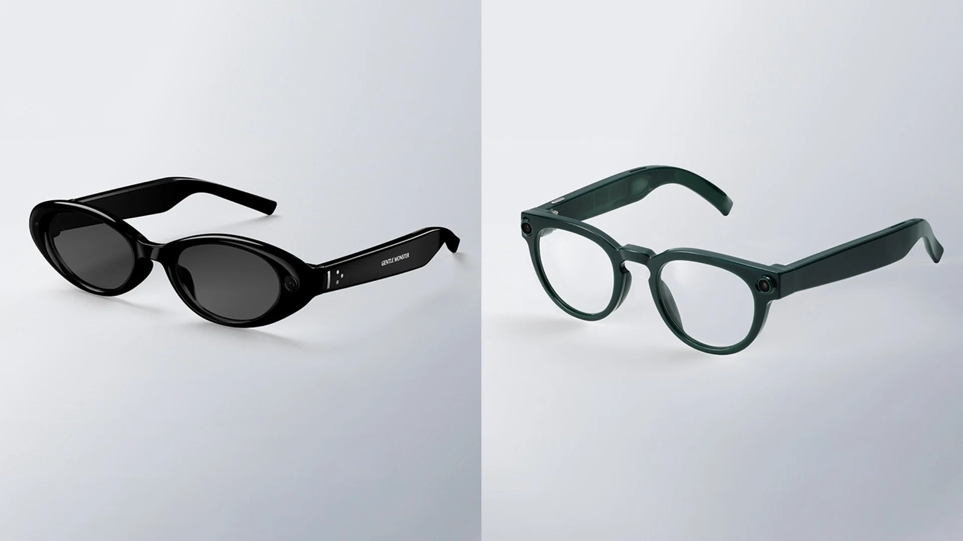 Two eyewear styles side by side: black sunglasses on the left and dark green frame glasses on the right on a split gray background.