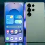 Two smartphones displayed side by side: the left shows a vibrant home screen, the right reveals a quad-camera module on the back, both on a reflective surface.