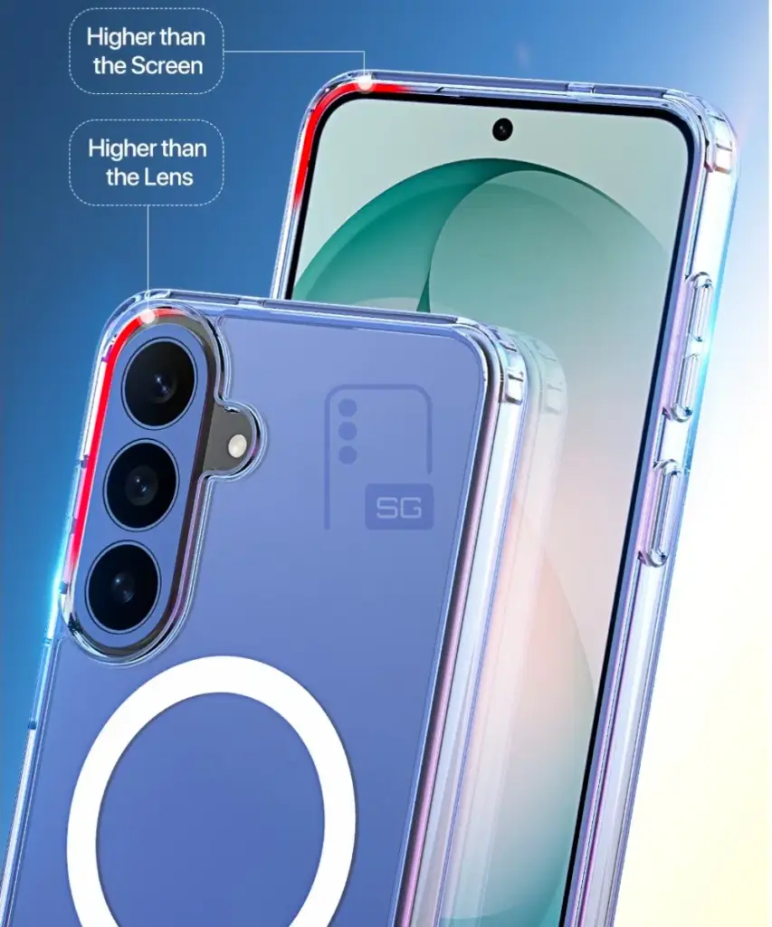 Close-up of a transparent phone case on a blue smartphone, highlighting raised edges higher than the screen and camera lenses for protection in a promo image.