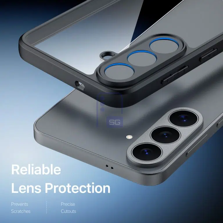 Smartphone with a protective lens cover over the camera array and the words 'Reliable Lens Protection' on a blue gradient background.