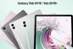 Samsung Galaxy Tab S9 FE and Tab S9 FE+ lineup with pastel-colored backs fanned out beside a tablet showing abstract wallpaper.