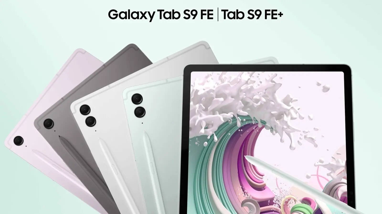 Samsung Galaxy Tab S9 FE and Tab S9 FE+ lineup with pastel-colored backs fanned out beside a tablet showing abstract wallpaper.