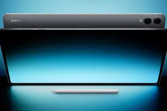Promotional image of a Samsung tablet with a stylus placed below, glowing blue backdrop, showcasing a large edge-to-edge screen and circular camera module on top edge (no people).