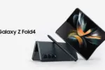 Galaxy Z Fold4 foldable smartphone with stylus, shown partially open to reveal the inner display.
