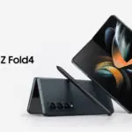 Galaxy Z Fold4 foldable smartphone with stylus, shown partially open to reveal the inner display.
