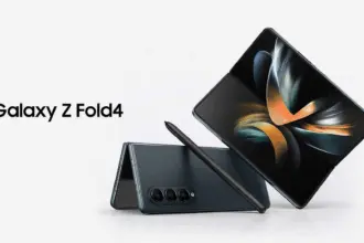 Galaxy Z Fold4 foldable smartphone with stylus, shown partially open to reveal the inner display.