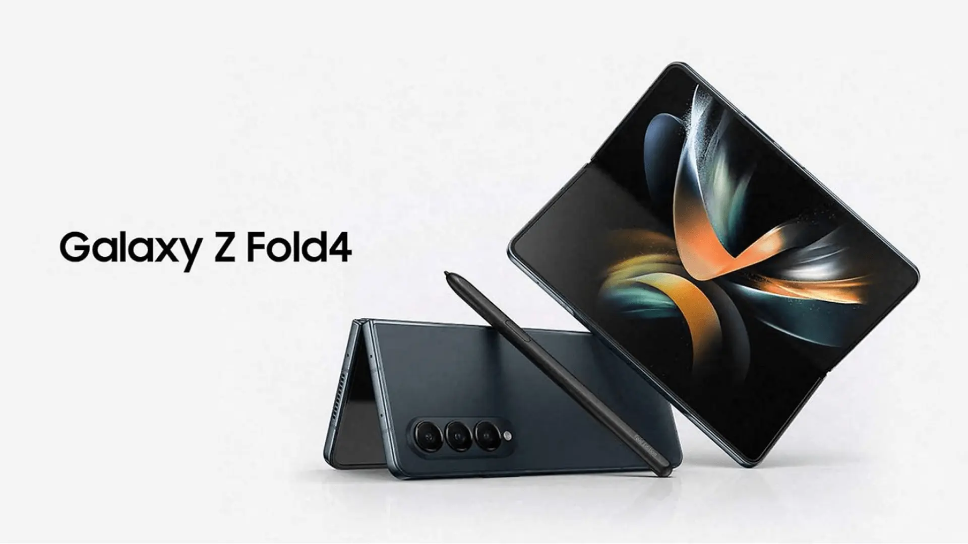 Galaxy Z Fold4 foldable smartphone with stylus, shown partially open to reveal the inner display.