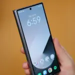 Hand holding a modern smartphone with edge-to-edge display and app icons on the home screen against an orange background.