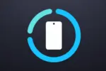White smartphone silhouette centered inside a two-tone blue circular progress ring on a dark background, suggesting loading or syncing a mobile device