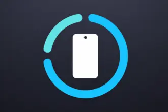 White smartphone silhouette centered inside a two-tone blue circular progress ring on a dark background, suggesting loading or syncing a mobile device