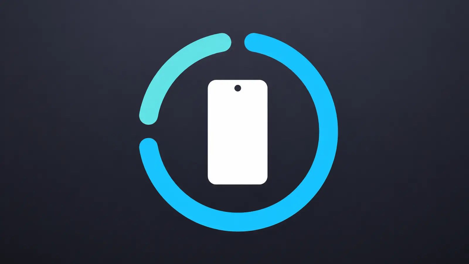 White smartphone silhouette centered inside a two-tone blue circular progress ring on a dark background, suggesting loading or syncing a mobile device