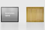 Left: Samsung HBM4 memory module; right: gold memory die with dense contact pads, shown side by side for comparison.