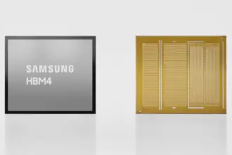 Left: Samsung HBM4 memory module; right: gold memory die with dense contact pads, shown side by side for comparison.
