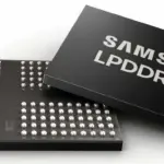 Samsung LPDDR4X memory module and its black packaging on a white surface.