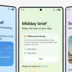 Three iPhone screens side by side showing Morning, Midday, and Evening briefs with weather and tips in pastel backgrounds