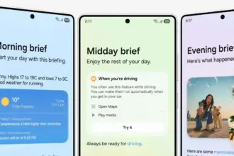 Three iPhone screens side by side showing Morning, Midday, and Evening briefs with weather and tips in pastel backgrounds