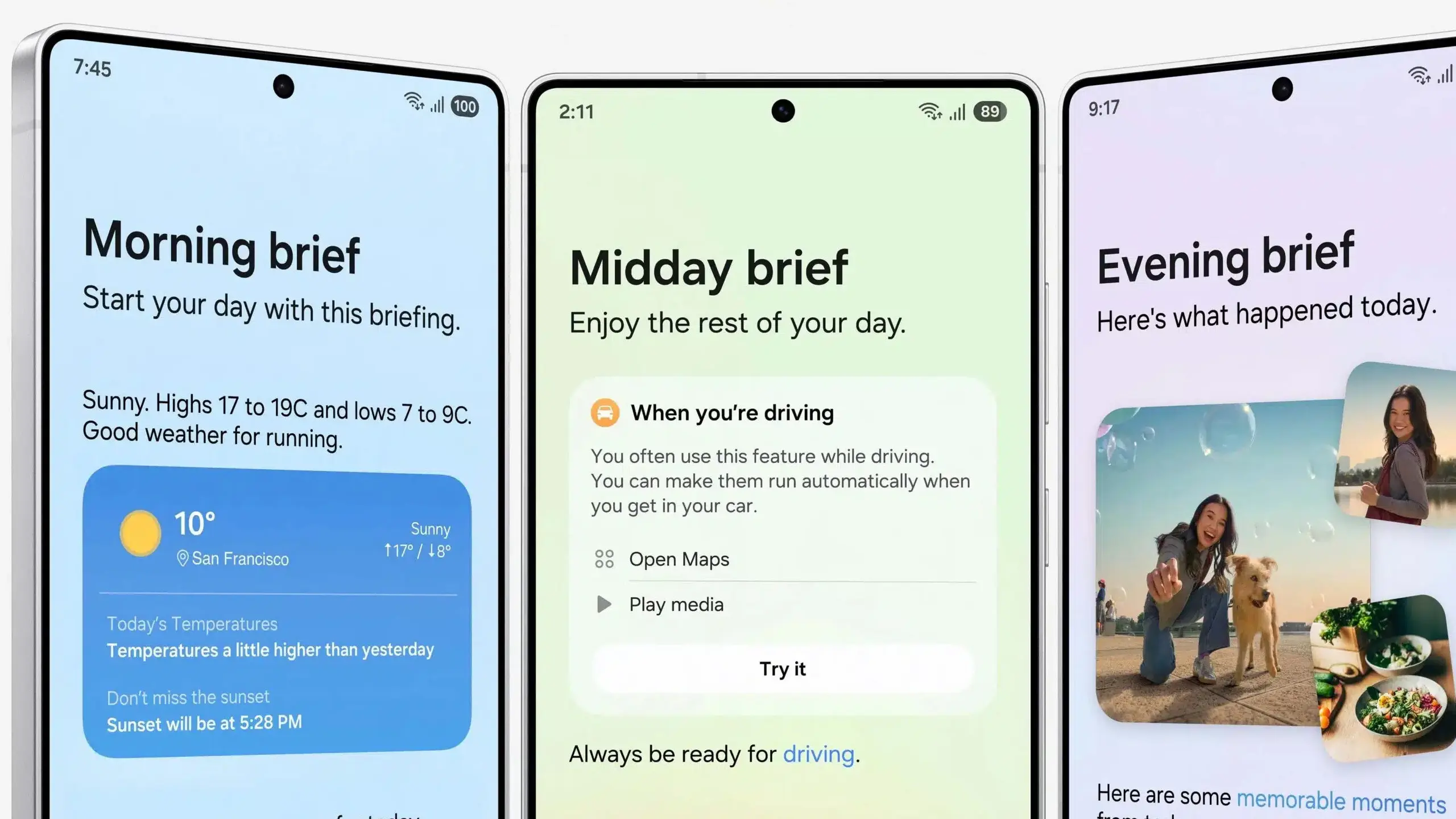 Three iPhone screens side by side showing Morning, Midday, and Evening briefs with weather and tips in pastel backgrounds