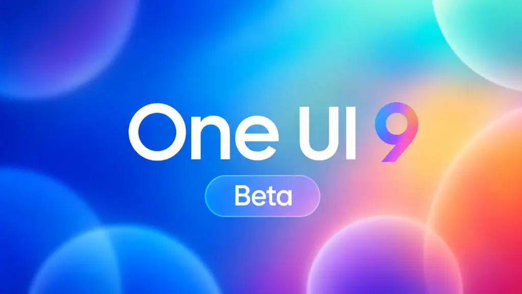 One UI 9 Beta promotional banner with a bright, colorful gradient background and rounded 'Beta' button text