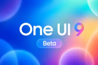 One UI 9 Beta promotional banner with a bright, colorful gradient background and rounded 'Beta' button text